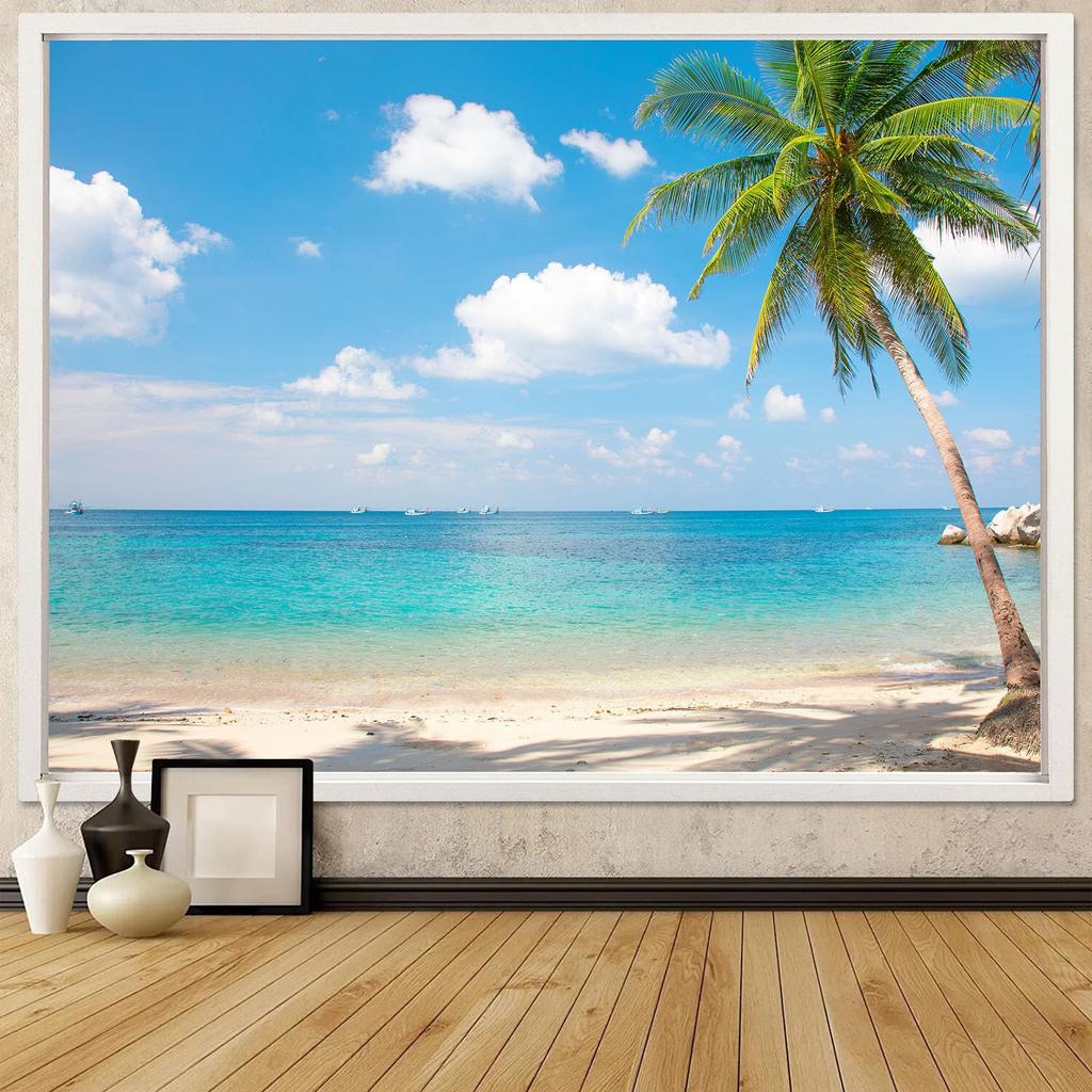 Beach Landscape Tapestry, Tropic Ocean Sea Island Palm Tree Seaside Tapestries For Living Room Summer Window Wall Hanging Island