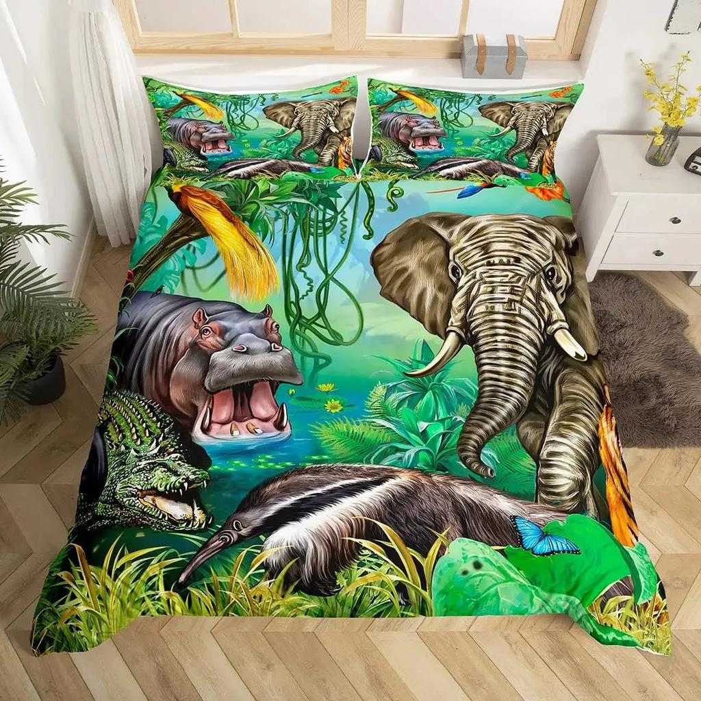 Cartoon Safari Animal Duvet Cover Set Giraffe Lemur Rhino Lion Bedding Set Elephant Camel Snake Hippo Zoo Jungle Comforter Cover