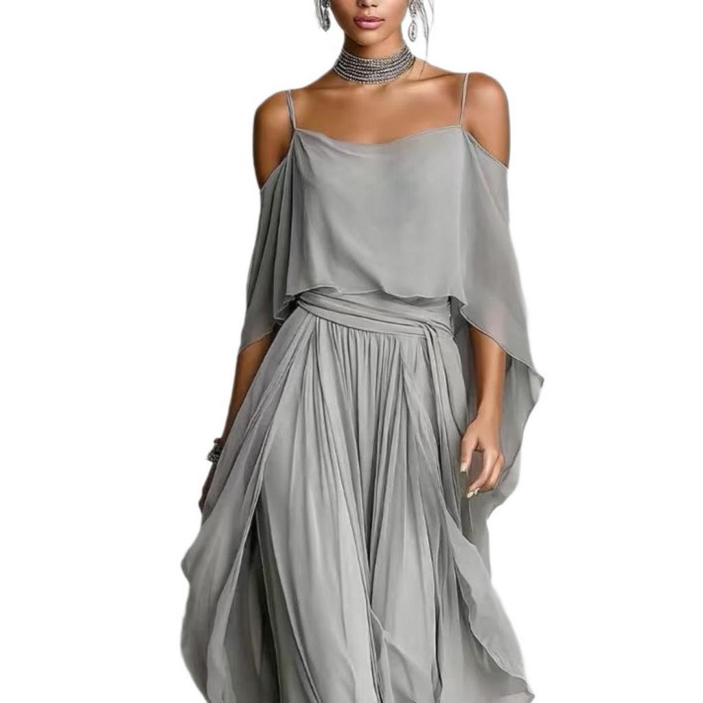 Damen schulterfreies Chiffon-Top mit weitem Hosenanzug Grau Unregelmäßiges Mode-Outfit für Crossbody