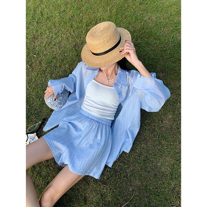 Women's Loose Casual Sports Set: Thin Sun Protection Long Sleeve Shirt & Wide Leg Shorts - New Korean Summer Style