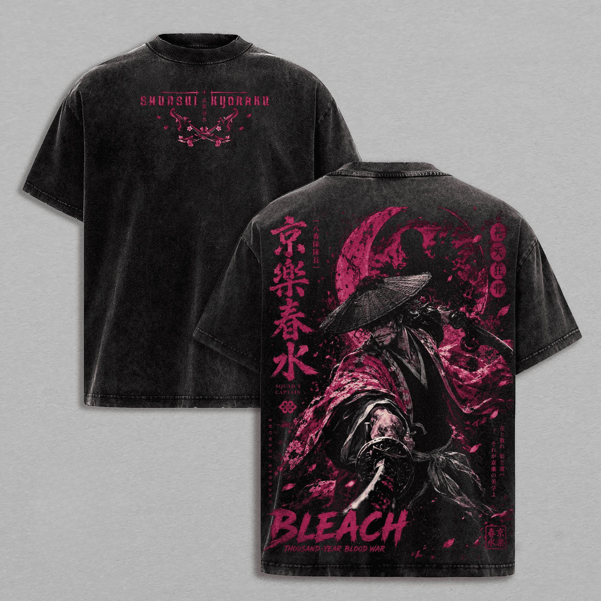 Kyoraku Shunsui BLEACH T-Shirt Manga Vintage Gewaschenes Oversize-T-Shirt Sommer Kurzarm Polyester-T-Shirt Kleidung Herren Unisex-Kleidung S schwarz