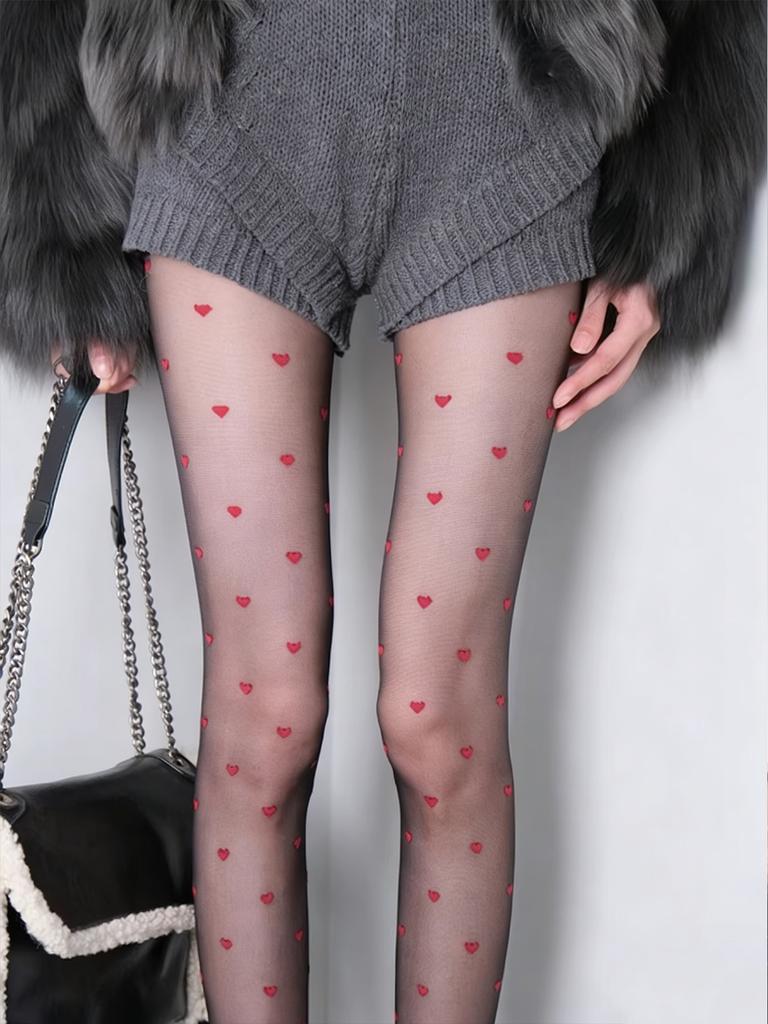 Women'S Black Sheer Pantyhose With Red Heart Print, Ultra-Thin Sexy Skin-Friendly Hosiery For Party & Valentine'S Day Date |