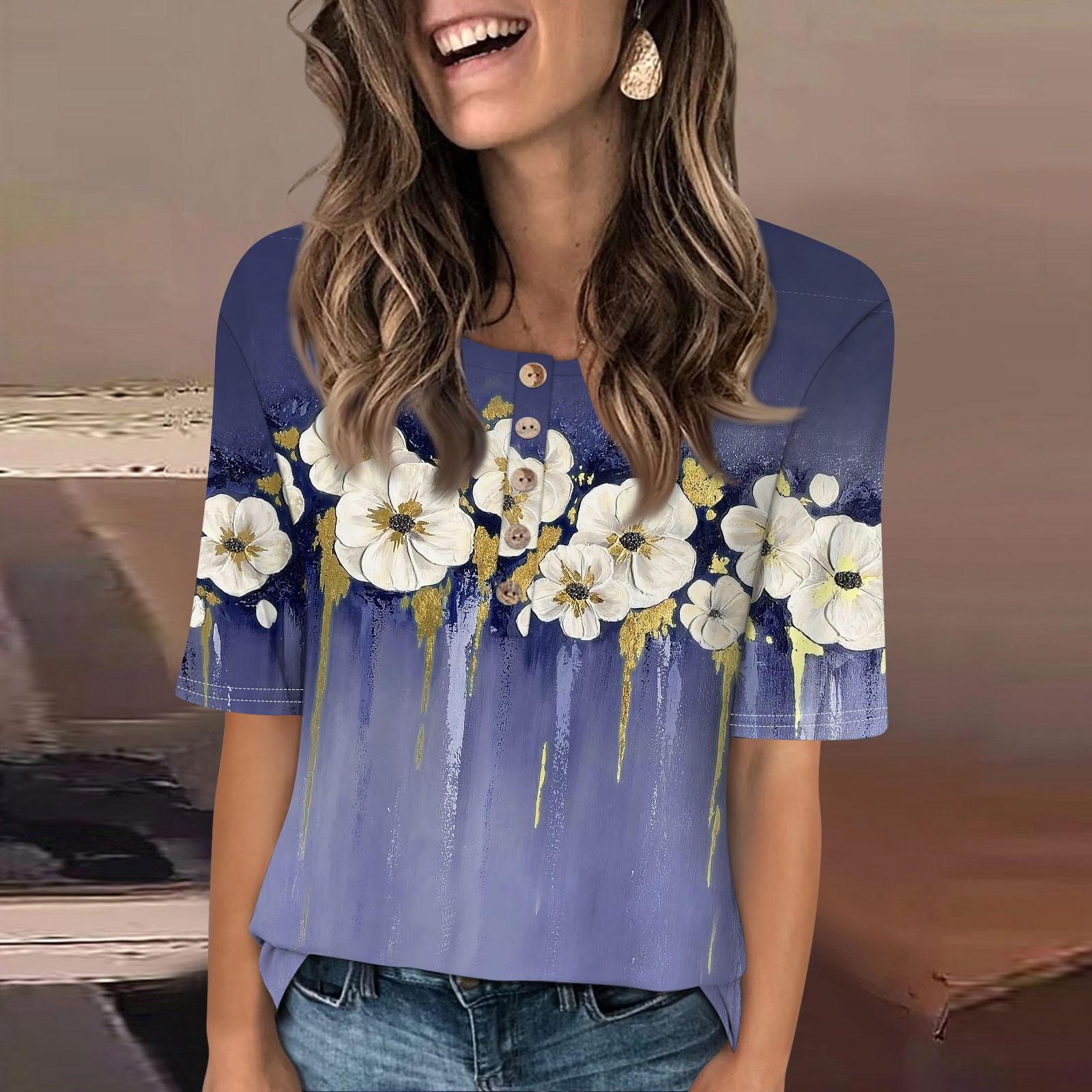 Женский свободный повседневный топ с круглым вырезом и пуговицами с коротким рукавом — фото 7