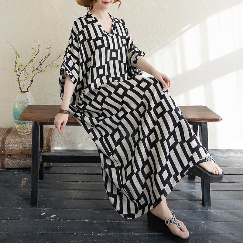 Sommarfärg Rese V-ringad Retro Lång Kjol Bomull Linne Klänning