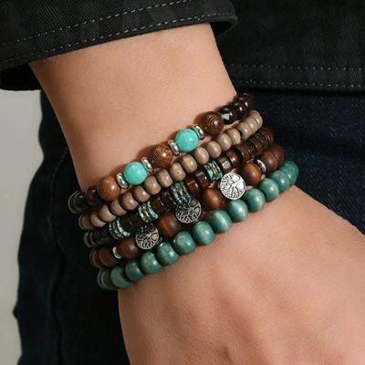 Glücklicher Lebensbaum Anhänger Hand Geschenke Boho Holzperlen Armbänder Damen Herren Mehrlagig Stapelbar Ethnischer Stil Perlen Armbänder