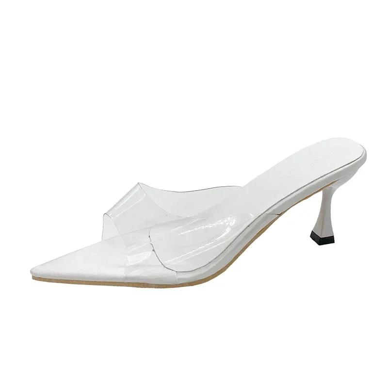 

Модная обувь женская 2024 года, большие размеры, современные женские тапочки, открытые тапочки для вечеринок, женские сандалии с острым носком и тонким высоким каблуком 42 серебряный