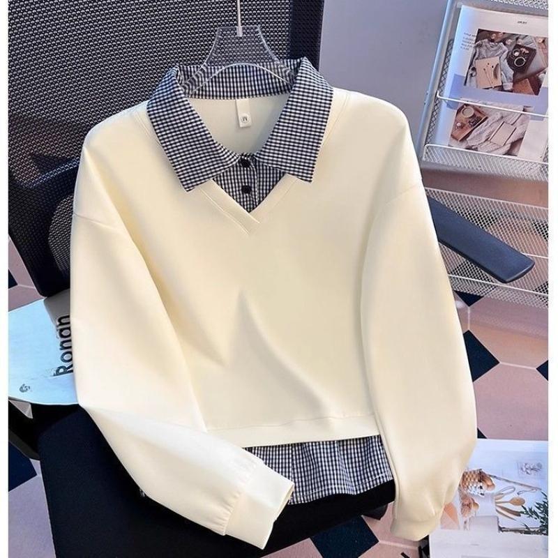 Women Fake Two-Piece Long Sleeve Sweatshirt Gingham Collar Casual Loose Layered Look Top