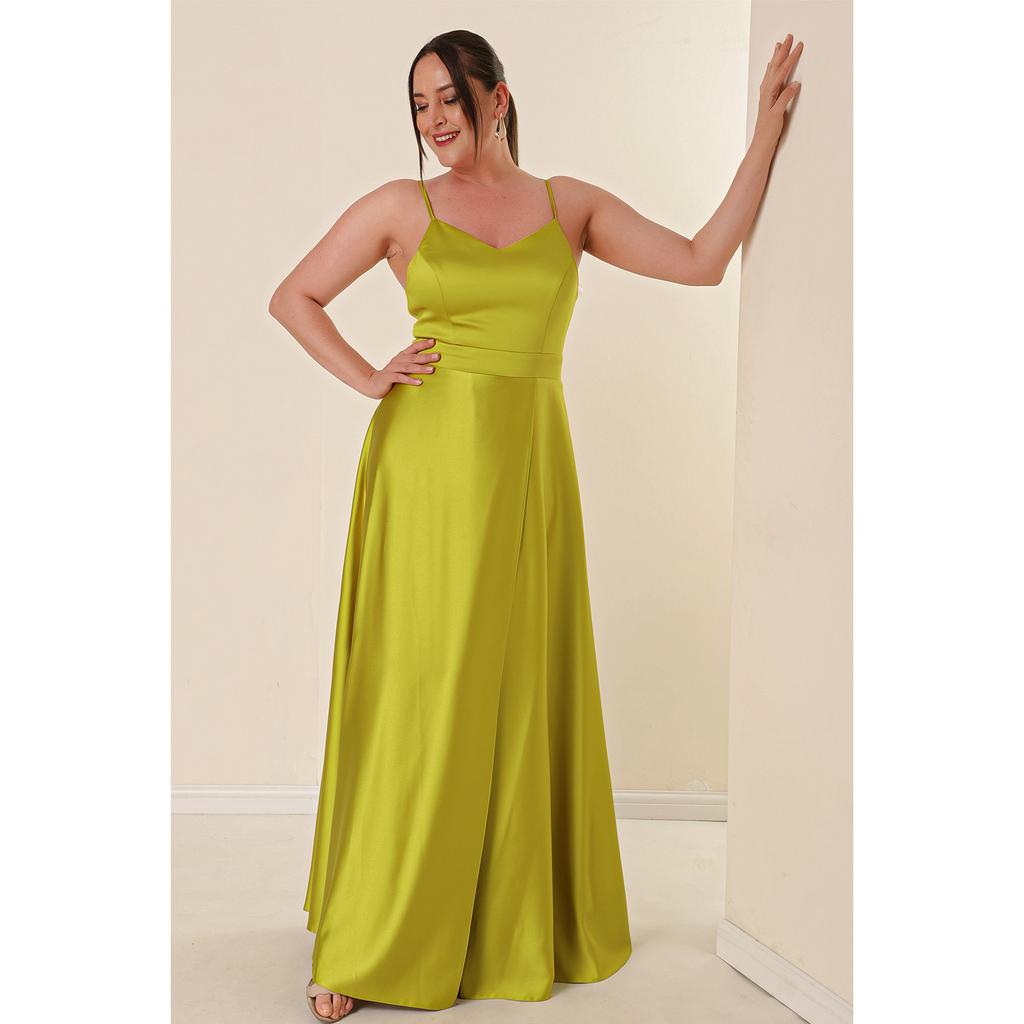 İp Askılı Astarlı Önden Yırtmaçlı Büyük Beden Uzun Saten Elbise