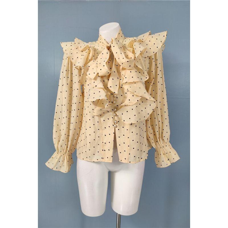 

Foreign Trade in Home Frill Lady Temperament Age-Reducing Frill Petals Long sleeve Love Print Breasted Top Shirts Khaki L