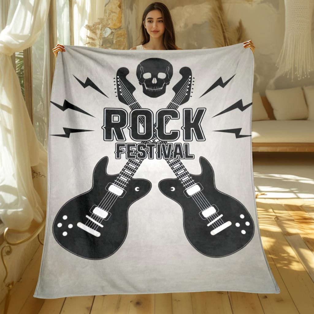 Rock festival skull guitars lightning design blanket flannel throw blanket music lover gift concert party cozy bedding
