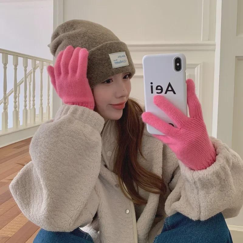 Women's Pink Wool Blend Knitted Gloves - Korean Style Cute Windproof Winter Cycling Gloves