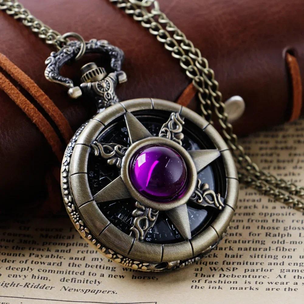 

Purple Gemstone Steampunk Pocket Watch Antique Vintage Design Quartz Chain Clock Pendant Jewelry Timepiece Gift for Women Men фіолетовий