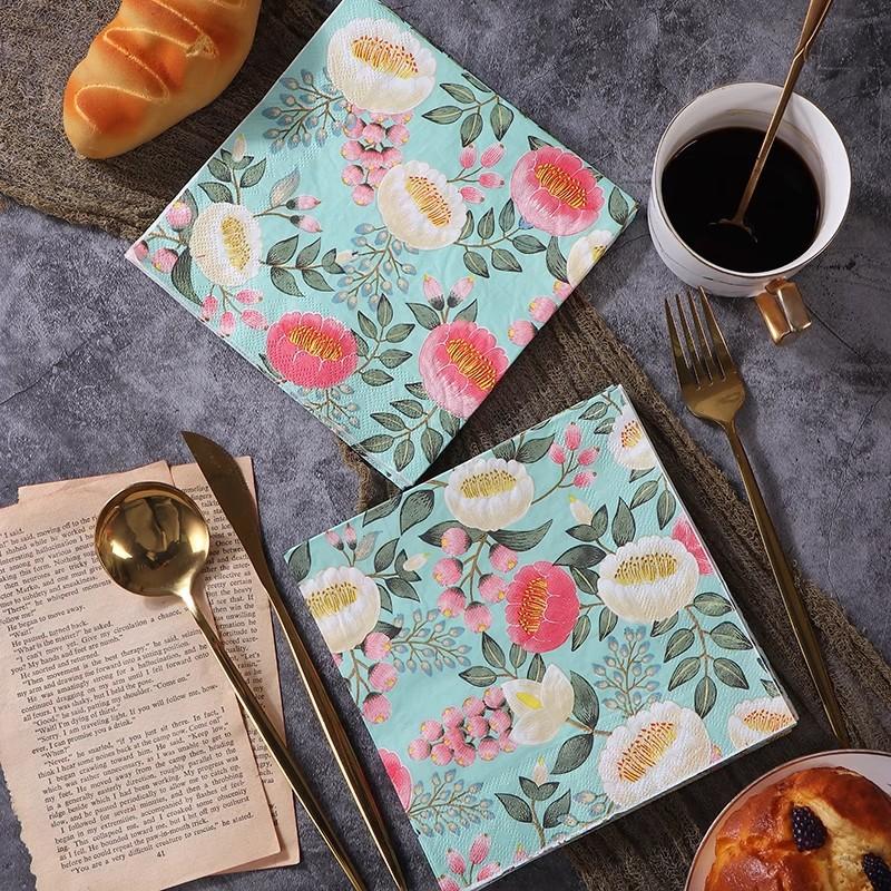 20ks/balení Květina Potištěná večeře Papír Jednorázové nádobí Ubrousky Ubrousky Svatba Dekorace na oslavu narozenin