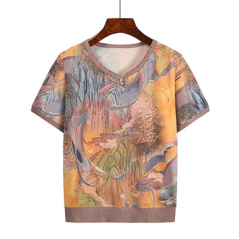 

Новый летний топ с короткими рукавами из ледяного шелка для женщин среднего и пожилого возраста 3XL