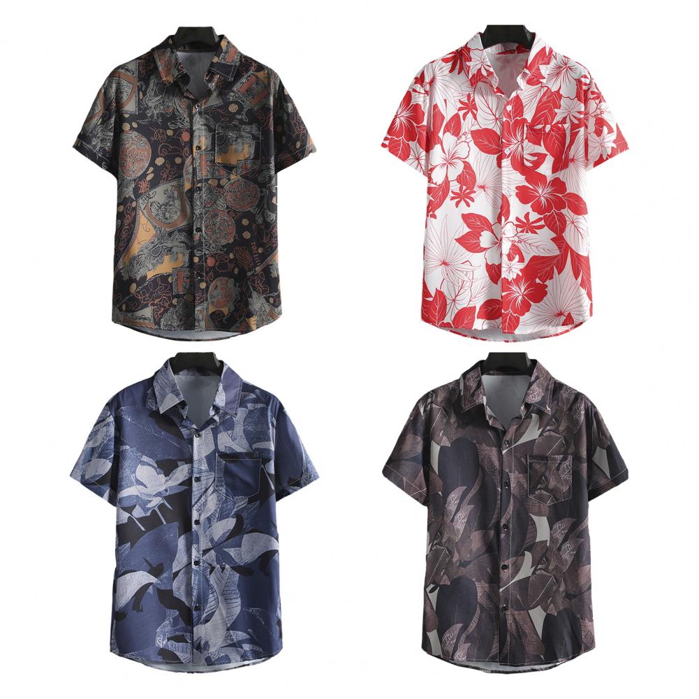 Summer Men Blouse Floral Print Short Sleeves Tropical Style Hawaii Comfortable Fit Plus Size Single-breasted Turn-down Collar Quick Dry Mid