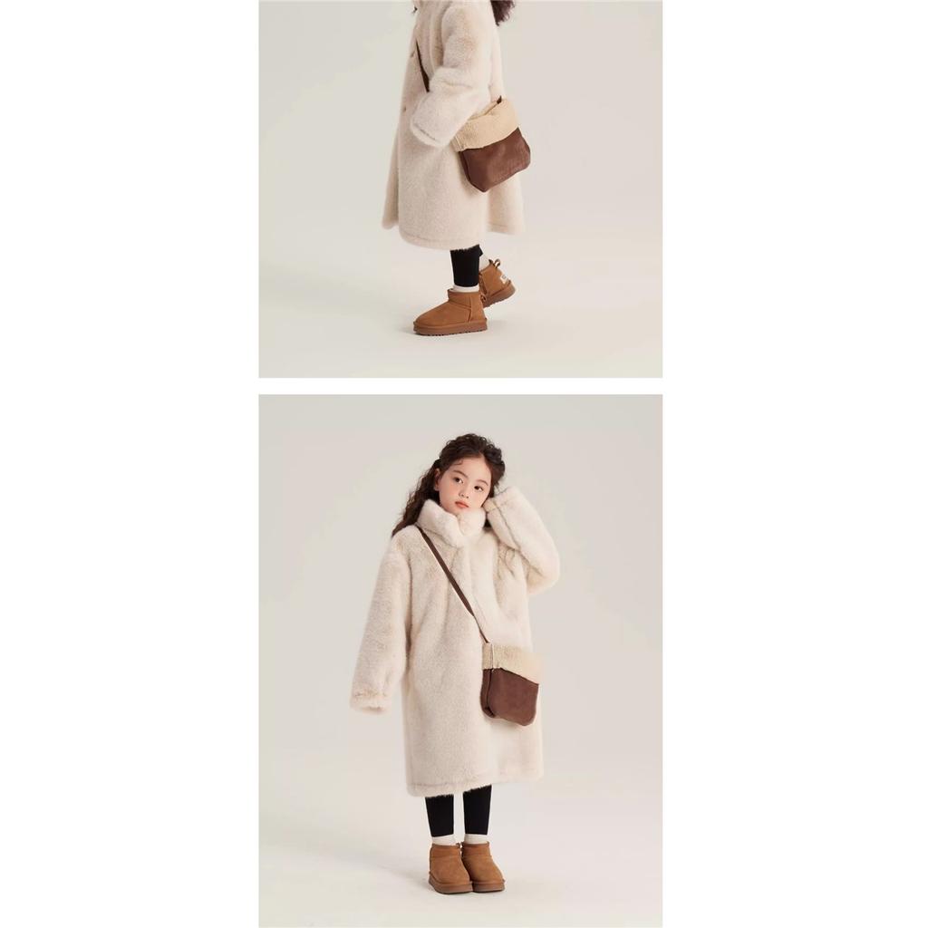 Girls Faux Fur Long Coat Stand Collar Plush Fleece Warm Thick Winter Kids Outerwear Full‑Zip Mid‑Length Fuzzy Overcoat For Little Girl