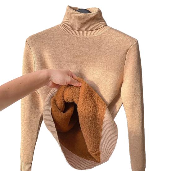 

Вязаные топы женские с длинным рукавом, свитер с высоким воротником, однотонный, утолщенный, на флисовой подкладке, осенне-зимний трикотаж M