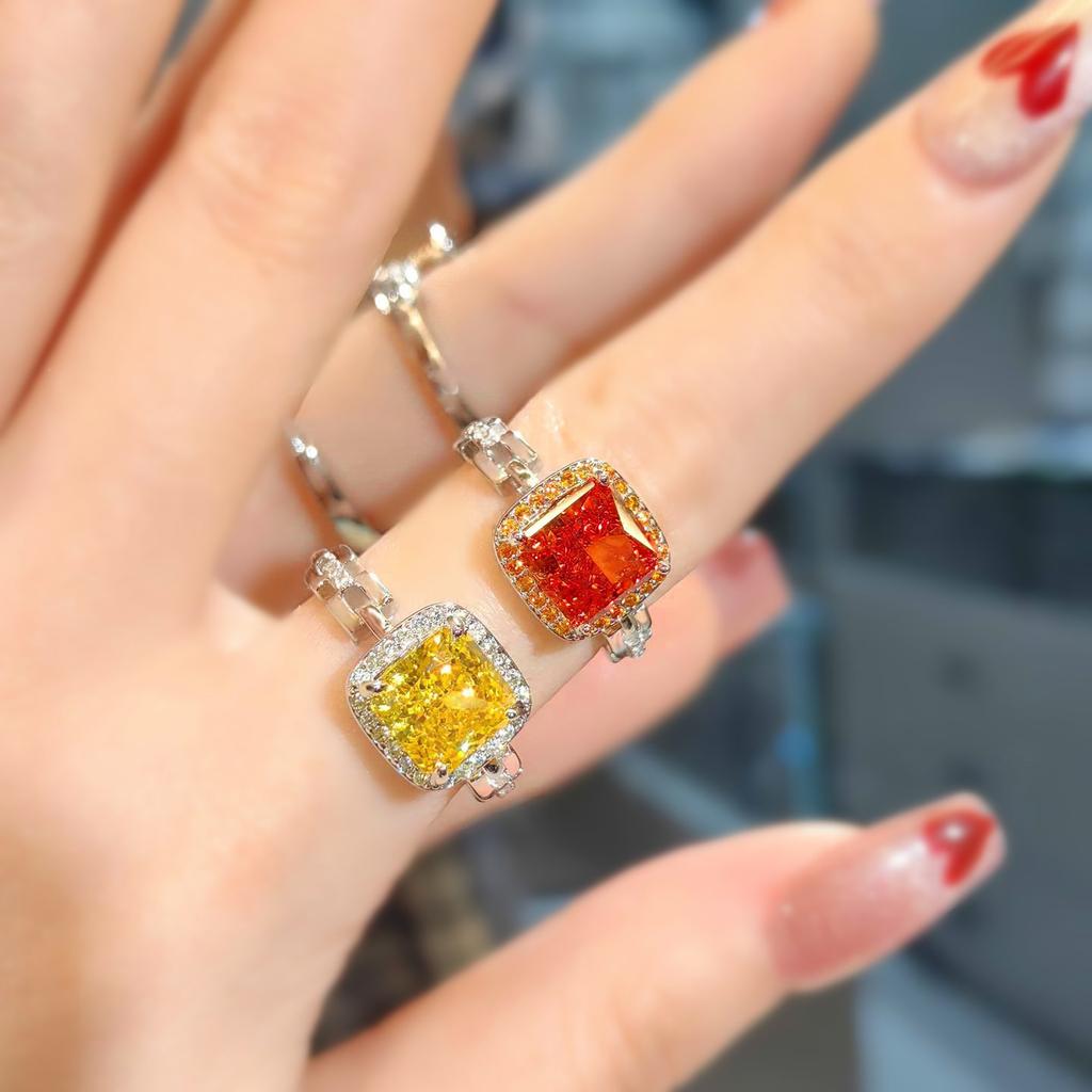 Square High Carbon Diamond Necklace Ring Women'S Ice Flower Cut Yellow Diamond Red Stone Square Bag Colorful Treasure Set