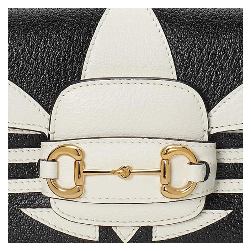 Gucci X adidas originals modelo conjunto clássico padrão trevo impresso couro horsebit bolsa transversal de ombro feminina preto e branco