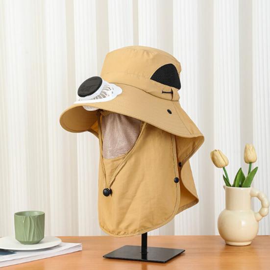 Chapeau Ventilateur Solaire Chapeau Ventilateur de Refroidissement d'Extérieur avec Rabat pour le Cou Protection Faciale Bord Large Respirant Chapeau de Protection Solaire pour Randonnée Pêche
