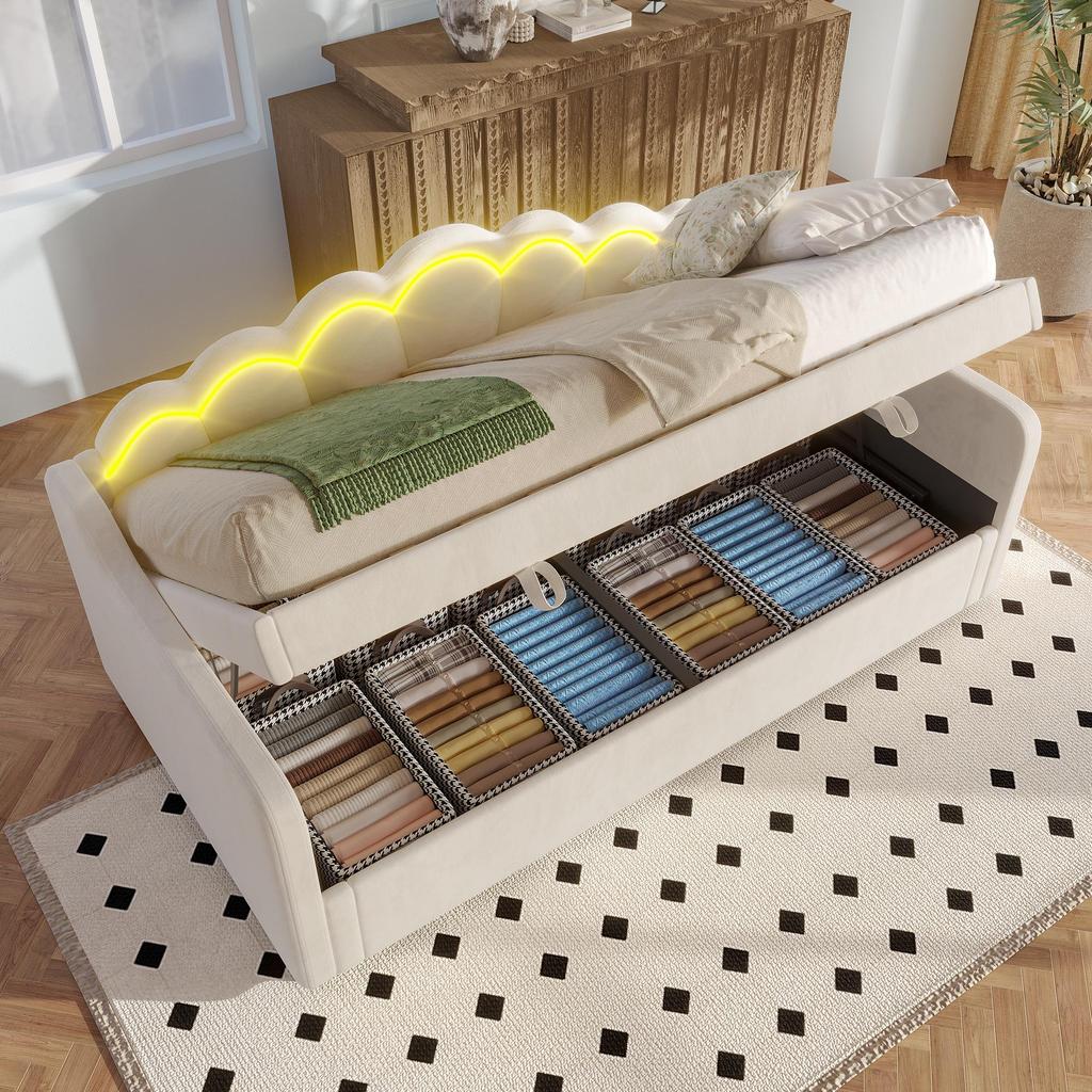 Tagesbett Flieks 90x200 cm mit Hydraulischem Stauraum, Schlafsofa mit Farbwechselbarem LED-Streifen, Beige