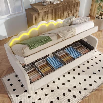 Lit de jour Flieks 90x200 cm avec rangement hydraulique, canapé-lit avec bande LED à changement de couleur, beige