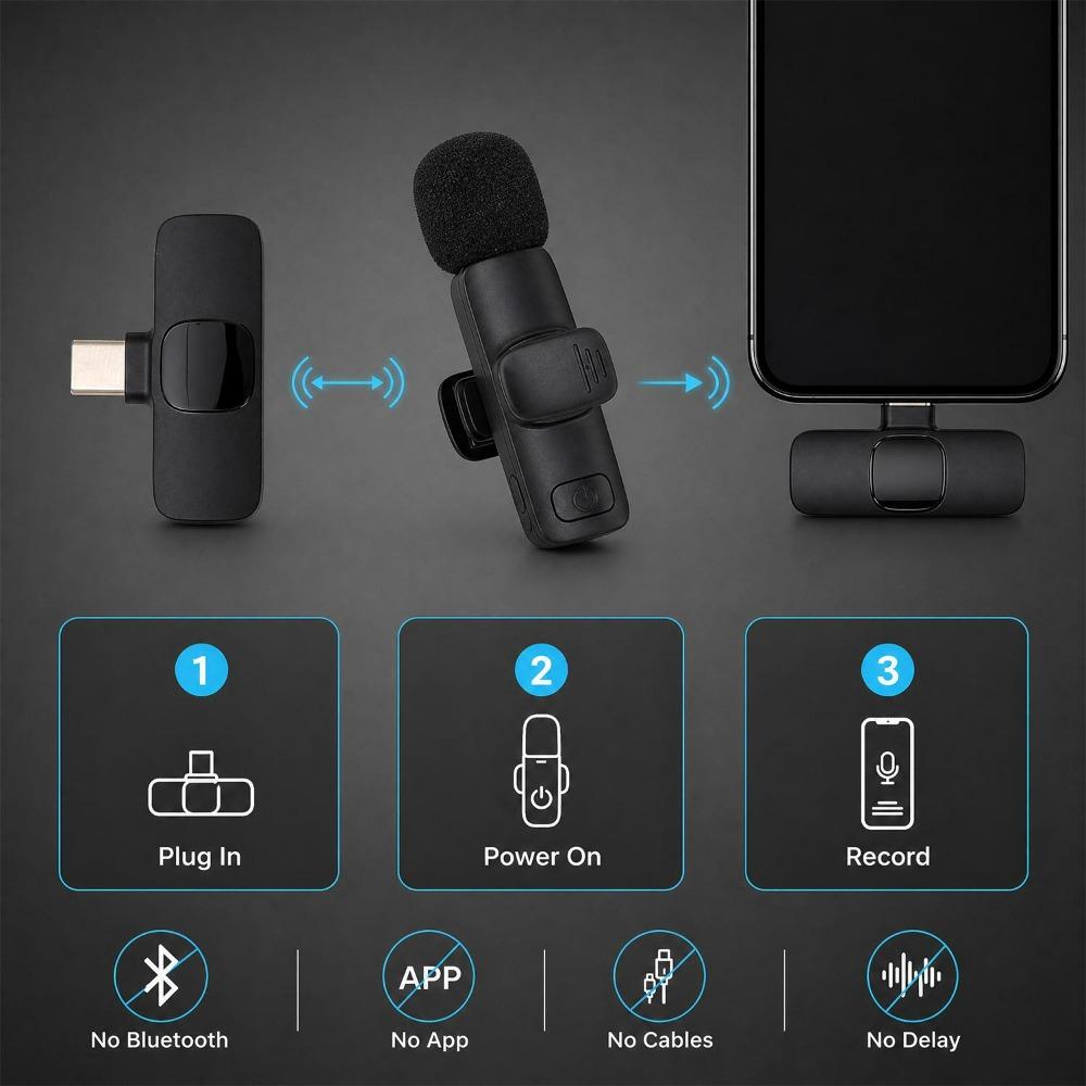 6in1 Portable Wireless Lavalier Microphone 1-to-2 Mini Audio Video Recording Type-C Mic for IPhone Android Live Broadcast GamingGood Product