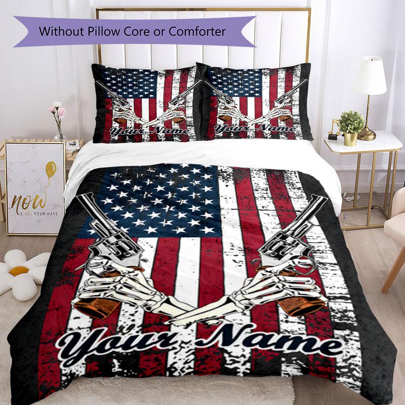 3PC Custom Name American Flag Revolver Bedding Set Duvet Cover Closure Includes 1 Duvet Cover & 2 Pillowcases for Bedroom