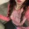 VAYLA Crop Tops Korean Woman Tshirts O-neck Long Sleeve Contrast Color Tunic Tees Fashion Casual Sweet Y2k T Shirt