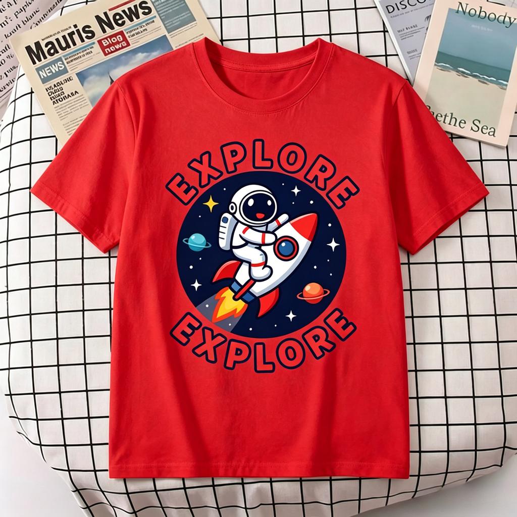 Unisex 100 Cotton TShirt Explore Cute Astronaut Ride Rocket Planet Star Space Print Oversize Casual Short Sleeve Tee