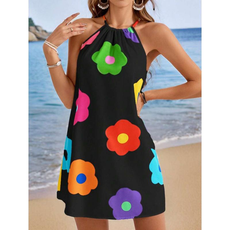 Europe, America 2026 summer new temperament seaside vacation flower simple and comfortable neck dress S чёрный