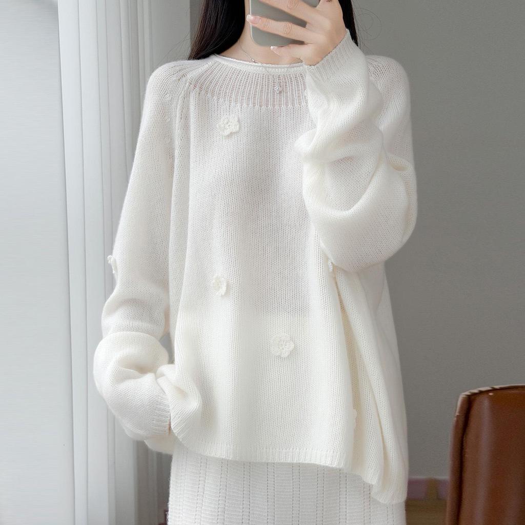 2026 Women's Pure Wool Sweater with 3D Floral Embroidery, Round Neck, Loose Fit, Elegant Knitwear