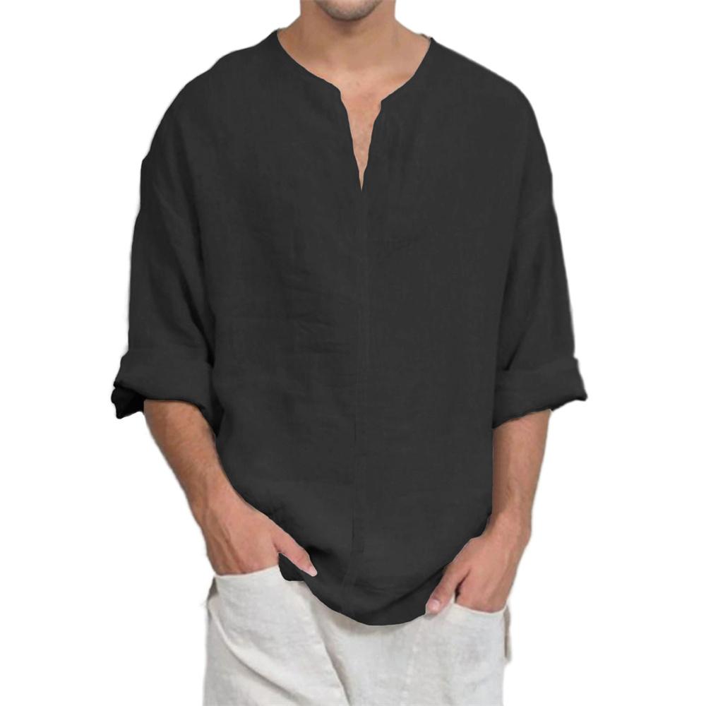 Cotton Linen V-neck Long Sleeve T-shirt for Men Casual Solid Color Lightweight Breathable Cozy Tops Male Fashion Tees