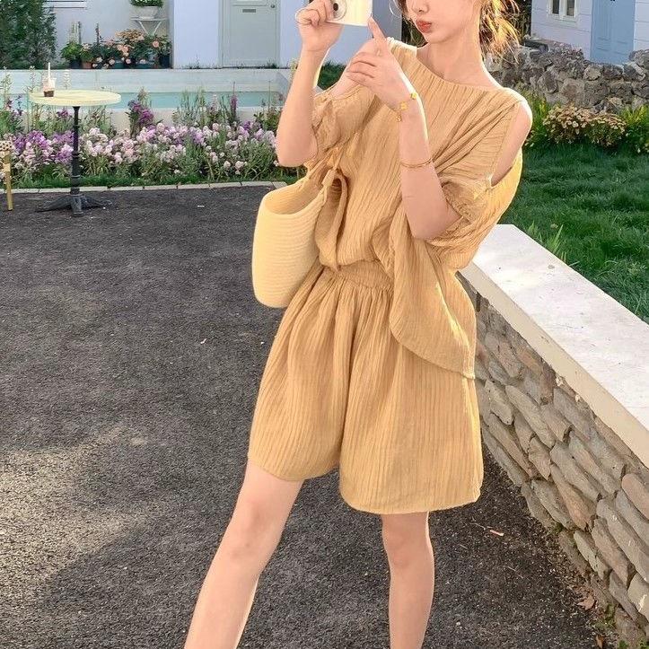 Korean Off-Shoulder Chiffon Top & Shorts Set, Women's Summer Petite Collection, Fresh & Airy Style