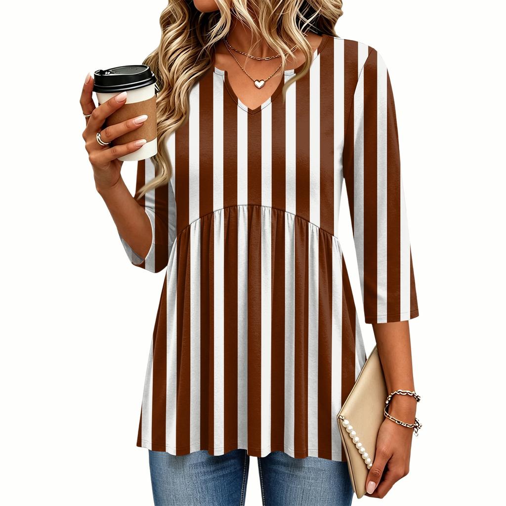 Women's Casual Striped V-Neck Three-Quarter Sleeve Blouse for Everyday Wear