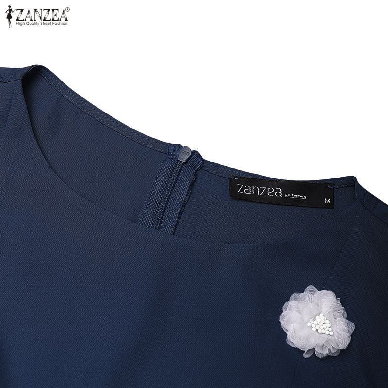 ZANZEA Women Casual Round Neck Mesh Splice Short Sleeve Summer Dress