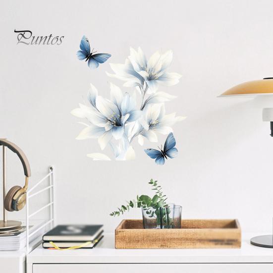 Botanical Wall Accents for Modern Interior Ink-Washed Blue Floral Stickers with Butterflies, Delicate Lily Peel And Stick Decals Living Room