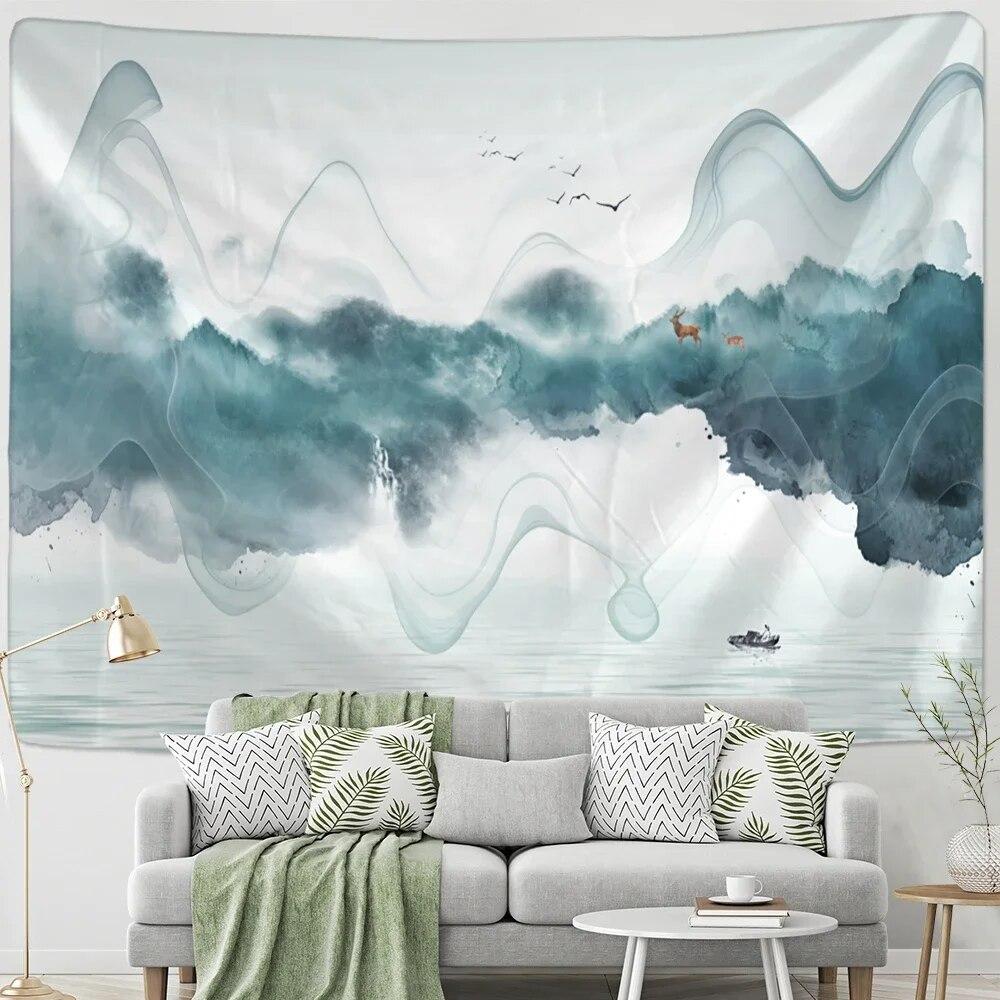 Chinese Lotus Tapestry Wall Hanging Psychedelic Hippie Bohemian Style Art Painting Bedroom Living Room Home Decor