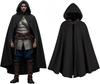 Medieval Hooded Cloak with Round Buckle and Green Leaf Brooch Necklace