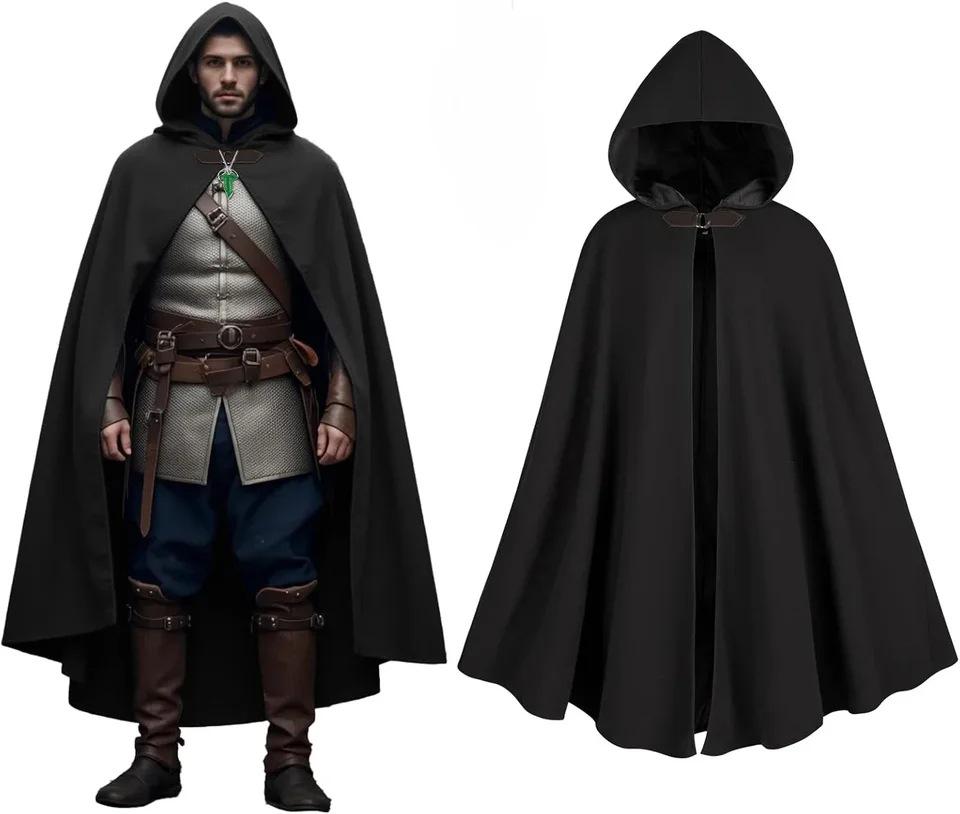 Medieval Hooded Cloak with Round Buckle and Green Leaf Brooch Necklace