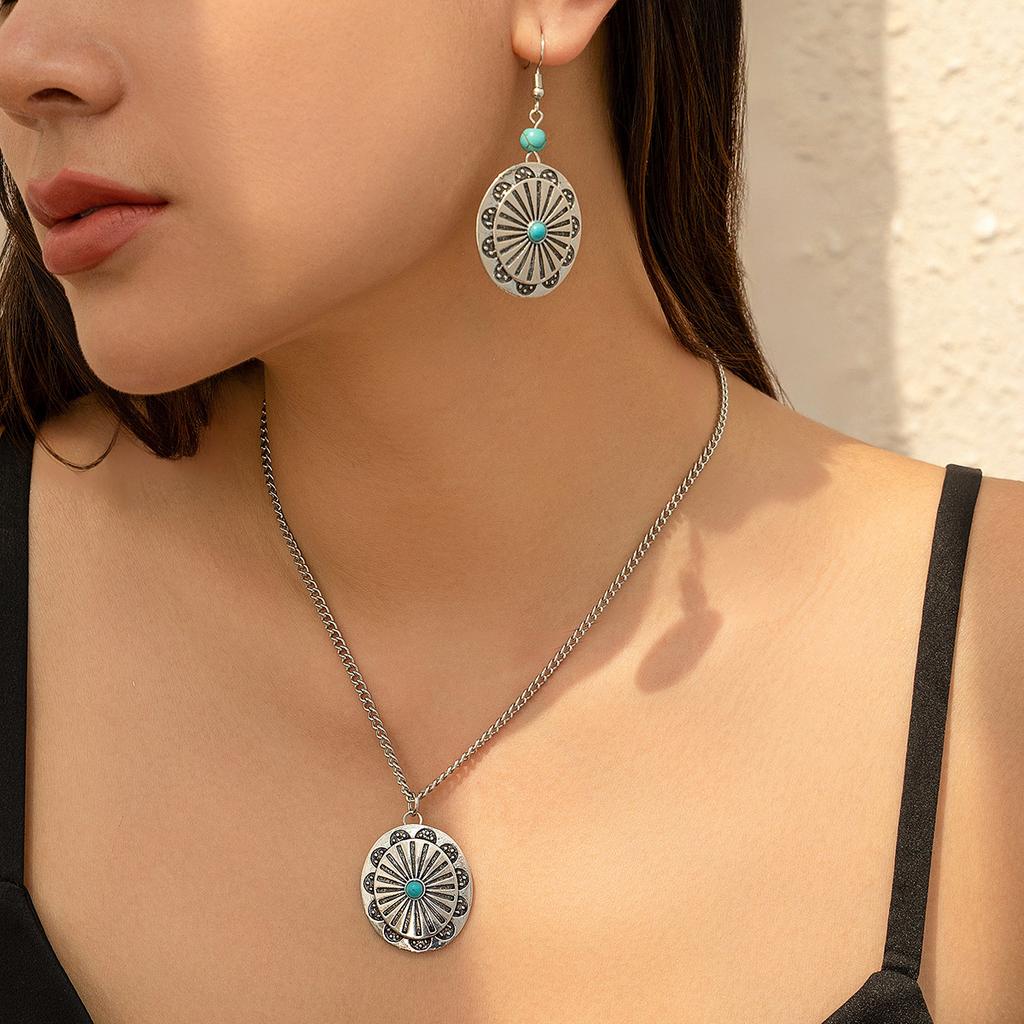 Retro Ethnic Turquoise Coconut Tree Necklace, Simple Threaded Love Necklace Jewelry Set