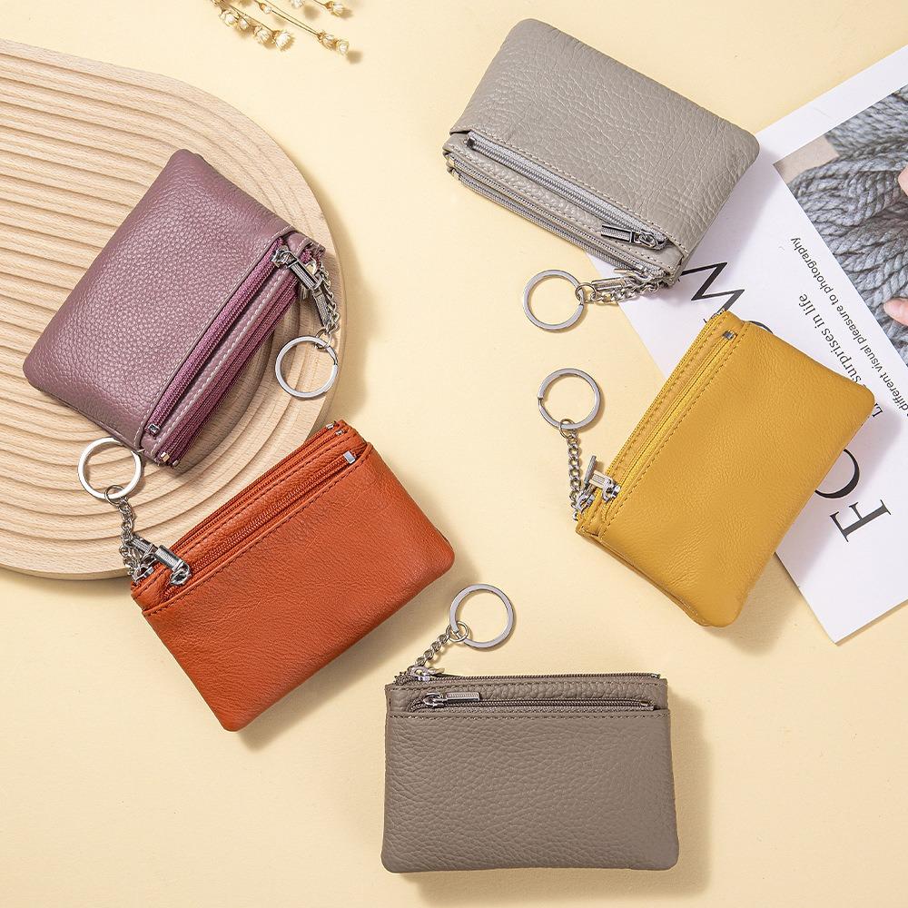 Fashion Women's Genuine Leather Coin Purses Mini Pouch Change Wallets 3 Zippered Change Pouch Wallet with Key Ring for Women