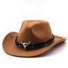 Black Soft Felt Waterproof Sweatband Traditional Wide Brim Men and Women Western Outback Cowboy Hat With Bull Head Fedora Cap