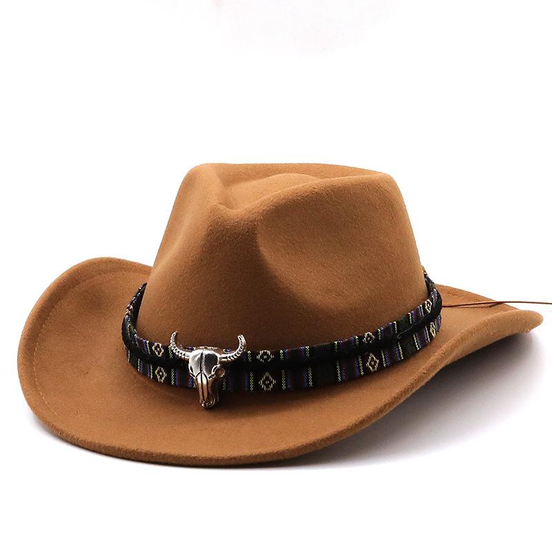 Black Soft Felt Waterproof Sweatband Traditional Wide Brim Men and Women Western Outback Cowboy Hat With Bull Head Fedora Cap
