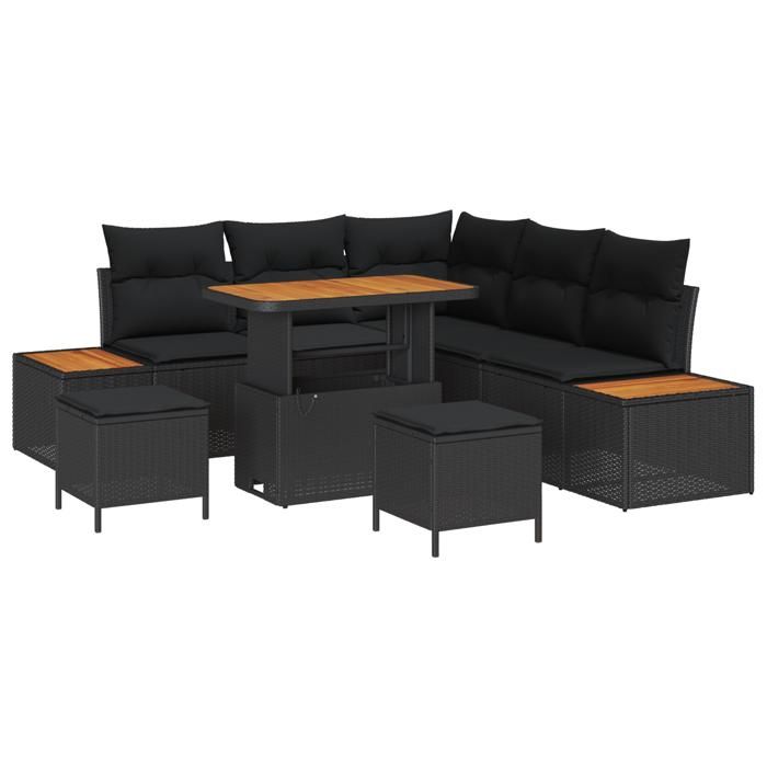 Ensemble de Canapés de Jardin 8 pièces avec Coussins Noir Poly Rotin Acacia, Ensemble de Salle à Manger de Jardin 3 pièces 3362914