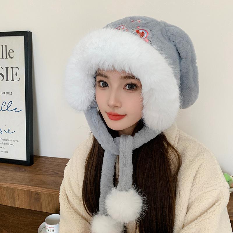 Autumn and winter cute rabbit ears embroidered plush hat women's warm and cold new ear hat cover Lei Feng hat
