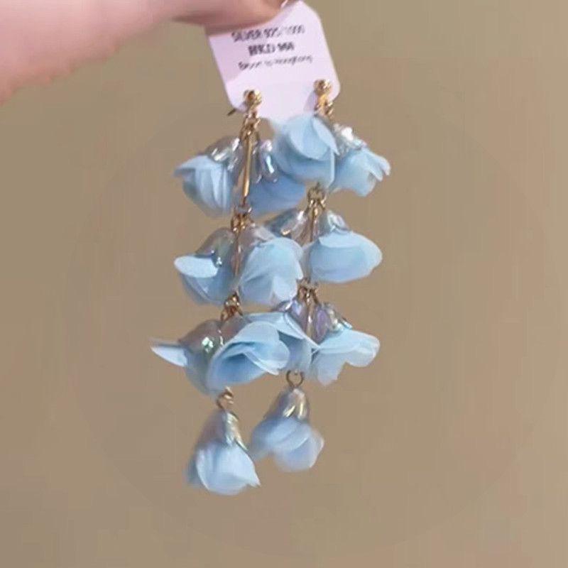 

Шифоновые серьги-кисточки с цветами, летние милые универсальные серьги-гвоздики, модные темпераментные серьги с высоким чувством стиля, женские