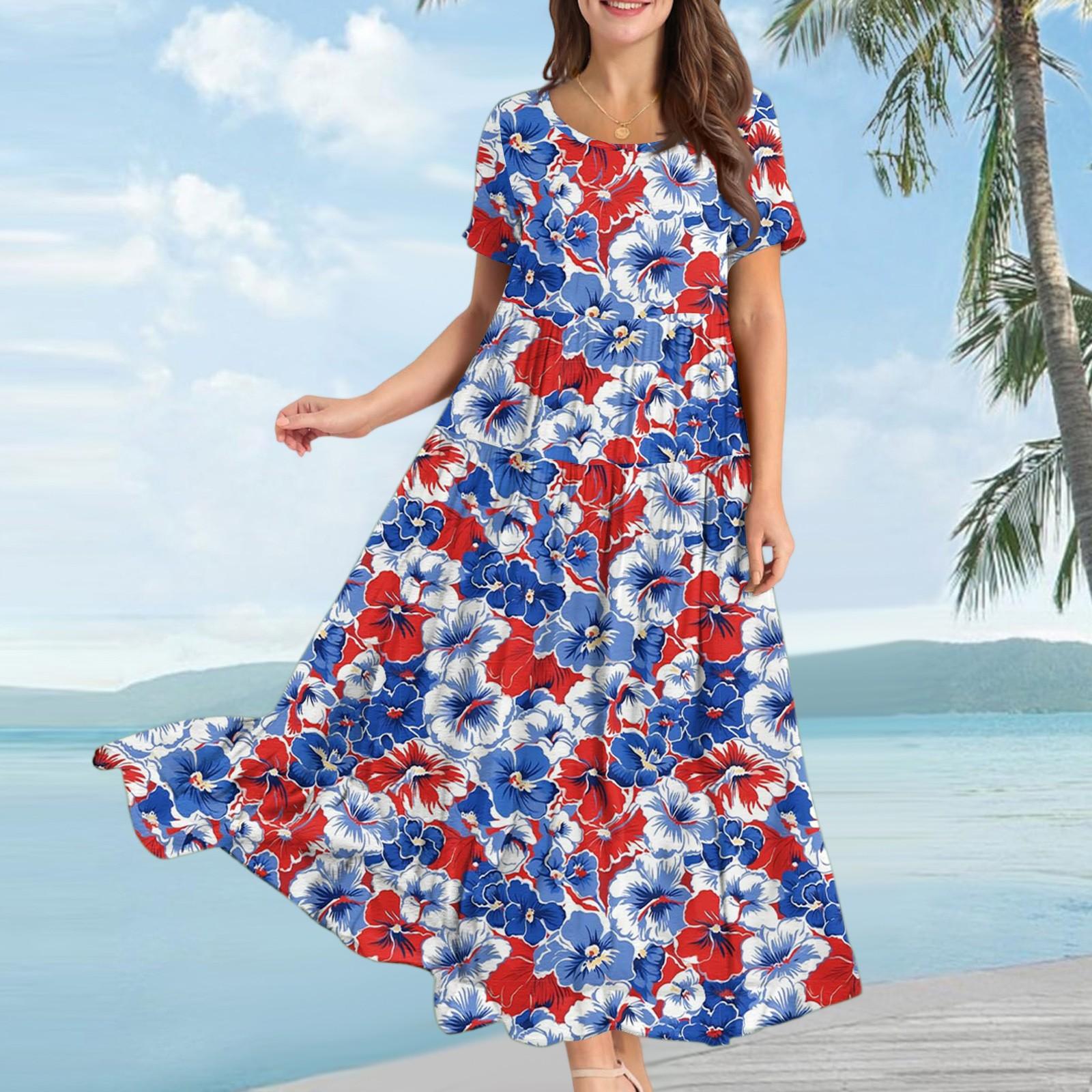 

Женское повседневное свободное богемное платье с цветочным принтом, длинное макси-платье с коротким рукавом, летнее пляжное платье-качели XXL