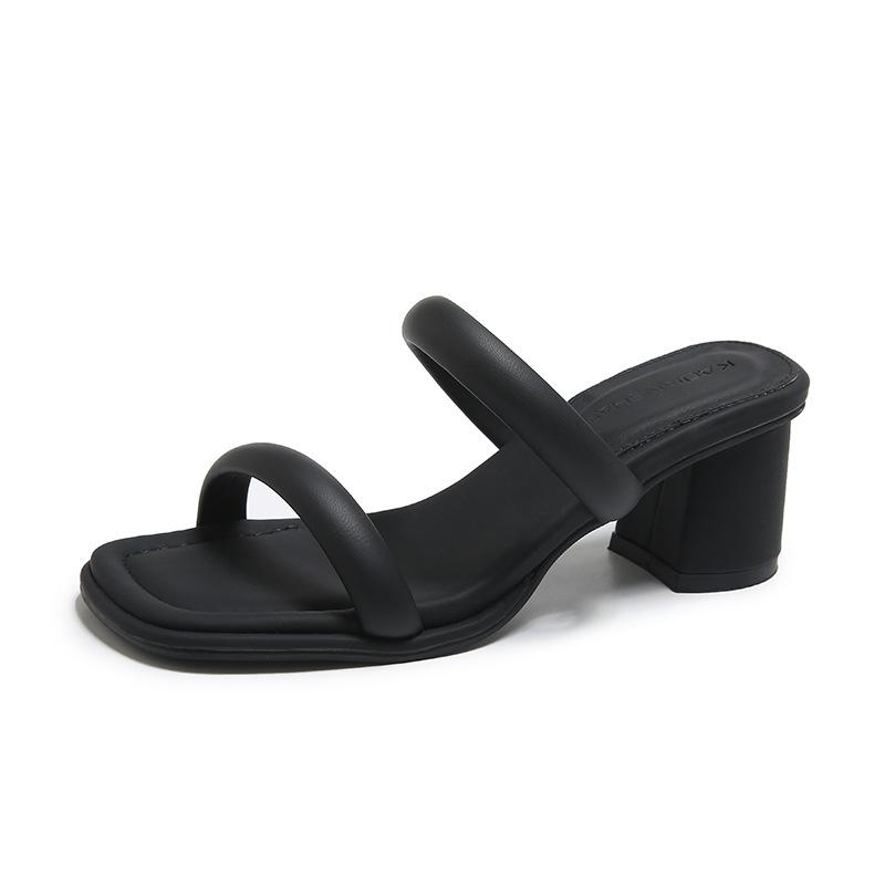 Fashion High Quality Square Toe Narrow Band Women Sandals Summer Open Toe Hoof Heel Slide Sandals Simple Comfort High Heeled Sandals