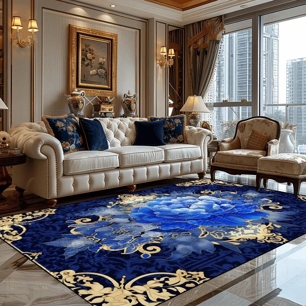 Deluxe European Style Carpet for Living Room Blue Home Decor Bedroom Tea Table Soft Rug Washable Short Plush Lounge Floor Mats